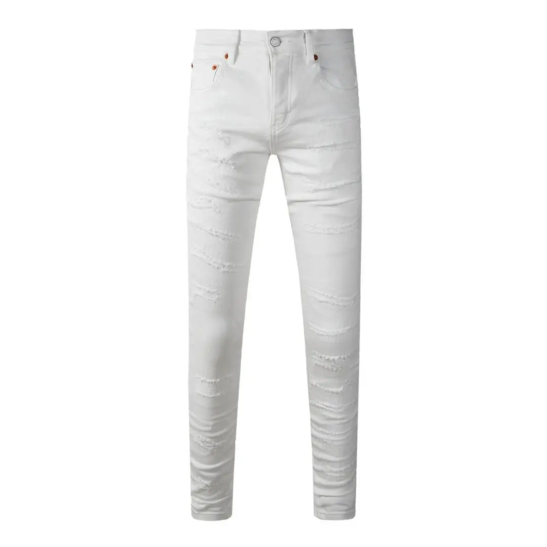 High Street New Trendy Men's Jeans Low Rise Stretch PantsSkinny Button Fly Ripped Retro Hold Trousers