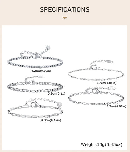 Women Chain Bracelet Silver Color, Stainless Steel Link Stackable Bracelets, Layered Fashion Accessories Gifts