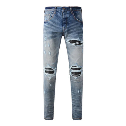 Street Fashion Men Jeans Retro Washed Blue Stretch Skinny Fit Ripped Jeans Men Patched Designer Hip Hop Brand Denim Pants Hombre
