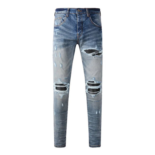 Street Fashion Men Jeans Retro Washed Blue Stretch Skinny Fit Ripped Jeans Men Patched Designer Hip Hop Brand Denim Pants Hombre