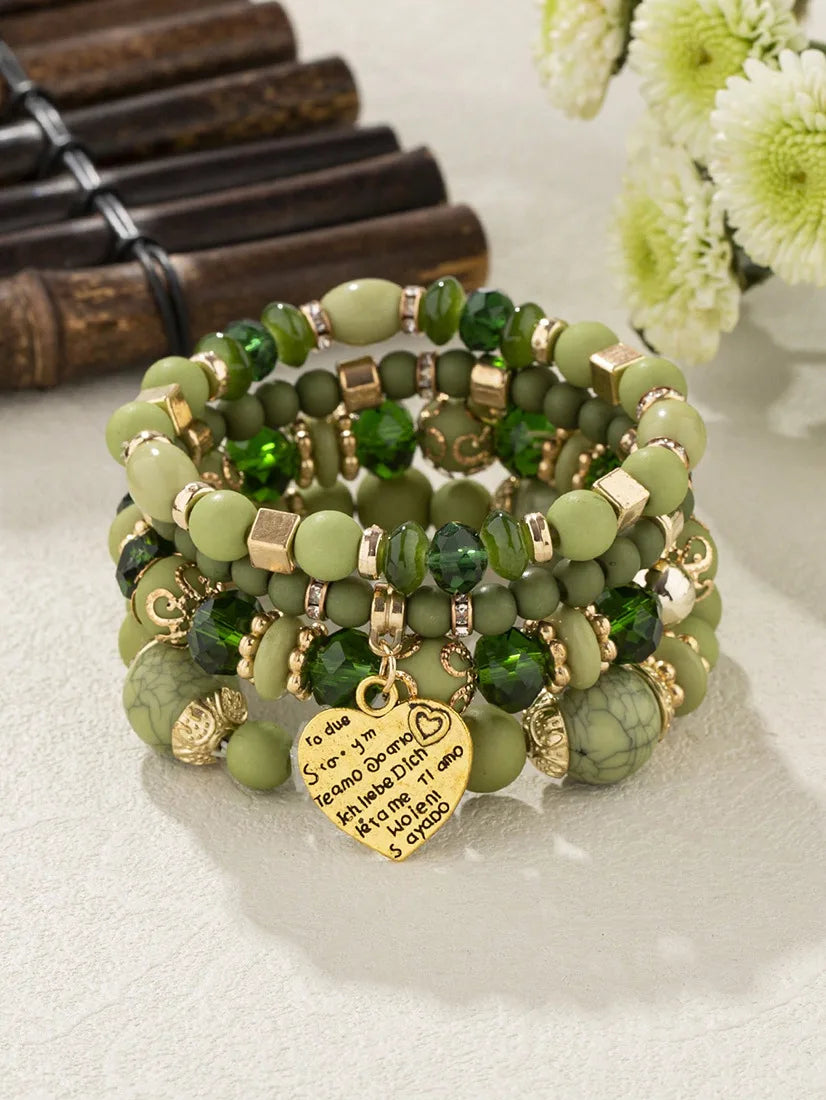 4Pcs Boho Crystal Beads Chain Bracelet Set For Women Vintage Heart Charm Elastic Bangle Female Fashion Party Jewelry