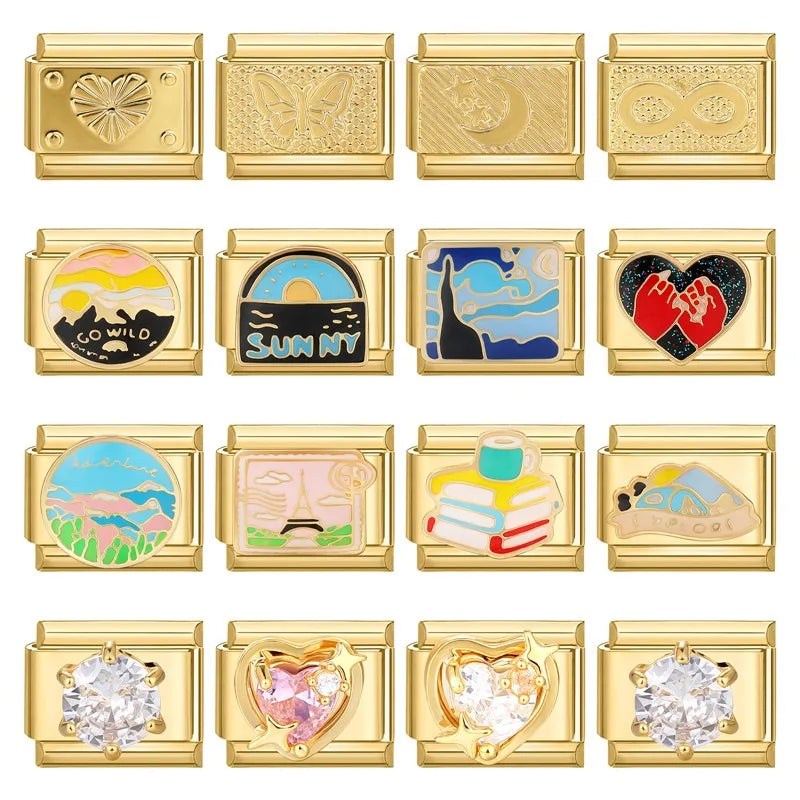 New Fashion 9mm 15 Style Italian Modular Charm Bracelet Fashionable Leisure Holiday Scenery Literary Modular Elastic Bracelet