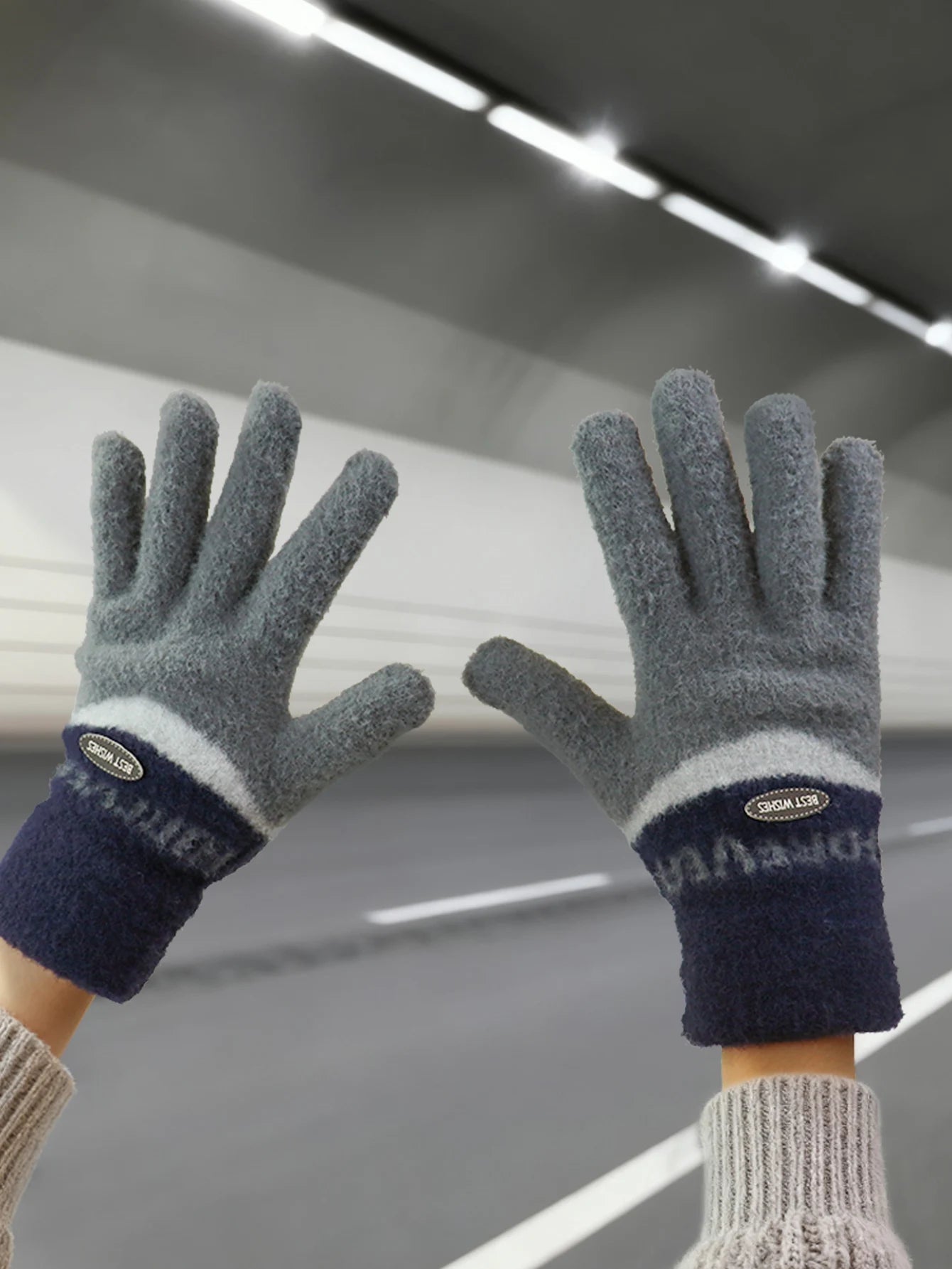 Touchscreen Cotton Gloves for Men, Winter Warm Fleece-Lined Thick Knitted Gloves for Cycling, Unisex Cold-Proof Gloves