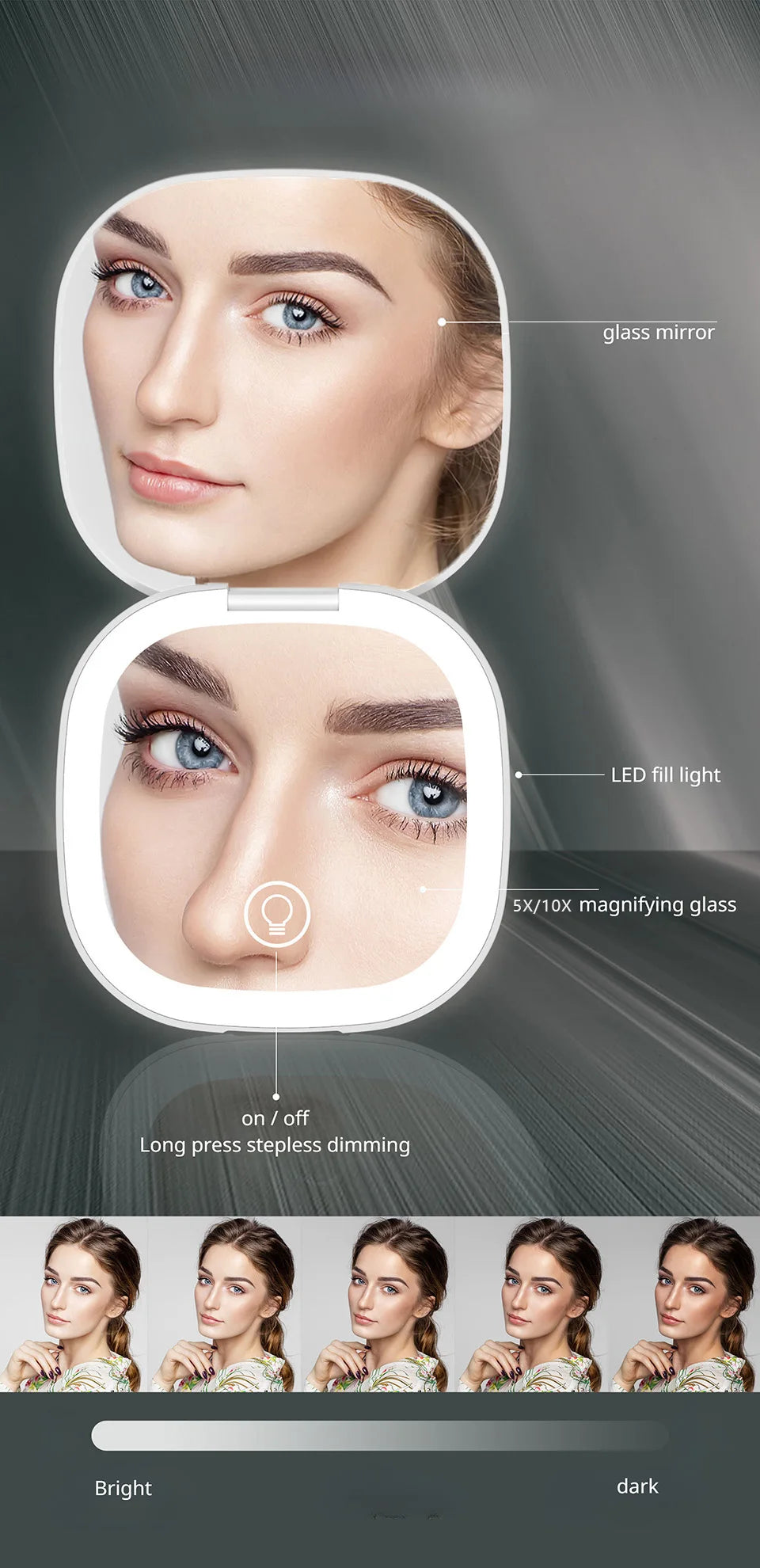 Mini Compact Foldable Pocket Hand Led Makeup Mirror With Led Light 5x/10x Magnification Rechargeable And Small