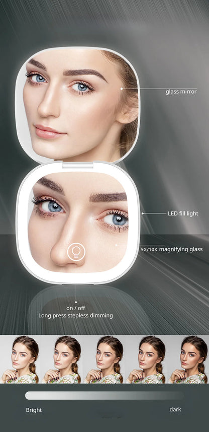 Mini Compact Foldable Pocket Hand Led Makeup Mirror With Led Light 5x/10x Magnification Rechargeable And Small