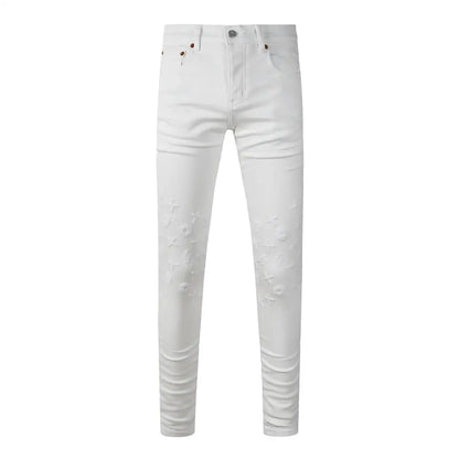 High Street New Trendy Men's Jeans Low Rise Stretch PantsSkinny Button Fly Ripped Retro Hold Trousers