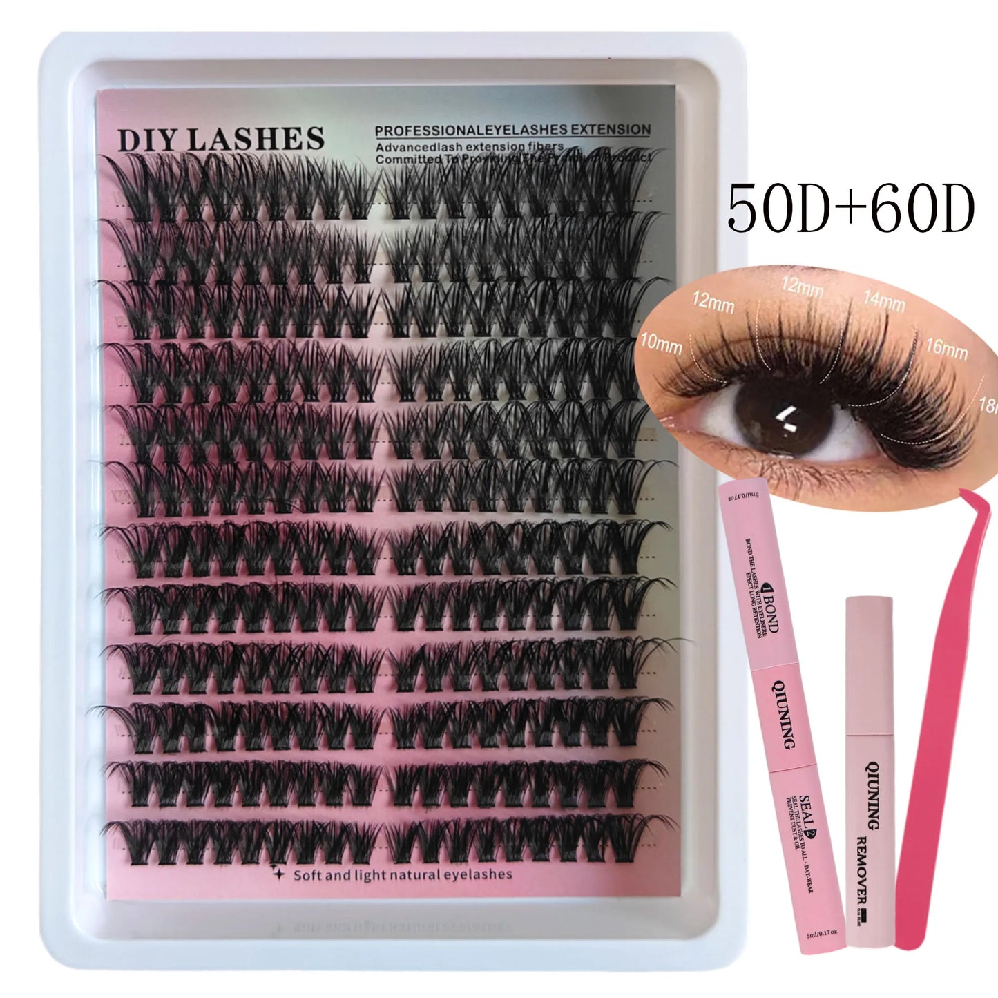 QIUNING Lashes Clusters Kit Cat Eye Lashes Individual Eyelashes with Lash Bond & Seal Full Set Lashes Extension Makeup Tools