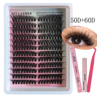 QIUNING Lashes Clusters Kit Cat Eye Lashes Individual Eyelashes with Lash Bond & Seal Full Set Lashes Extension Makeup Tools