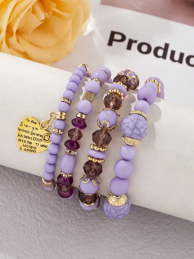 4Pcs Boho Crystal Beads Chain Bracelet Set For Women Vintage Heart Charm Elastic Bangle Female Fashion Party Jewelry
