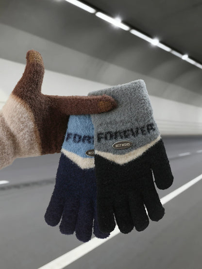 Touchscreen Cotton Gloves for Men, Winter Warm Fleece-Lined Thick Knitted Gloves for Cycling, Unisex Cold-Proof Gloves