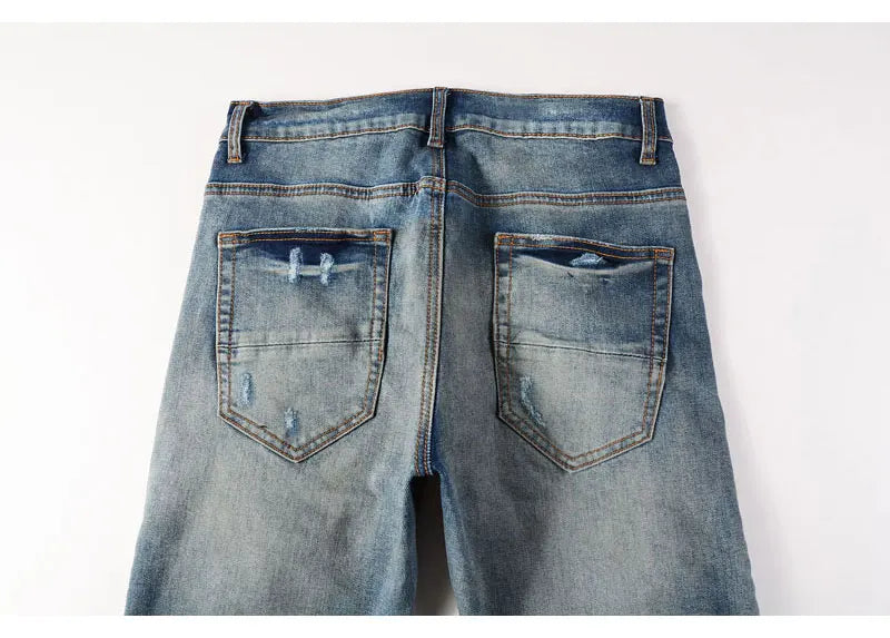 Street Fashion Men Jeans Retro Washed Blue Stretch Skinny Fit Ripped Jeans Men Patched Designer Hip Hop Brand Denim Pants Hombre