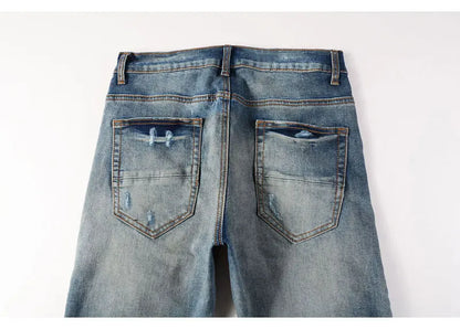 Street Fashion Men Jeans Retro Washed Blue Stretch Skinny Fit Ripped Jeans Men Patched Designer Hip Hop Brand Denim Pants Hombre