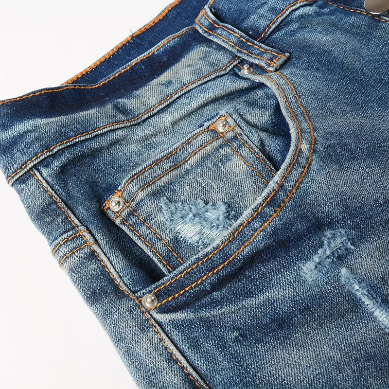 Street Fashion Men Jeans Retro Washed Blue Stretch Skinny Fit Ripped Jeans Men Patched Designer Hip Hop Brand Denim Pants Hombre