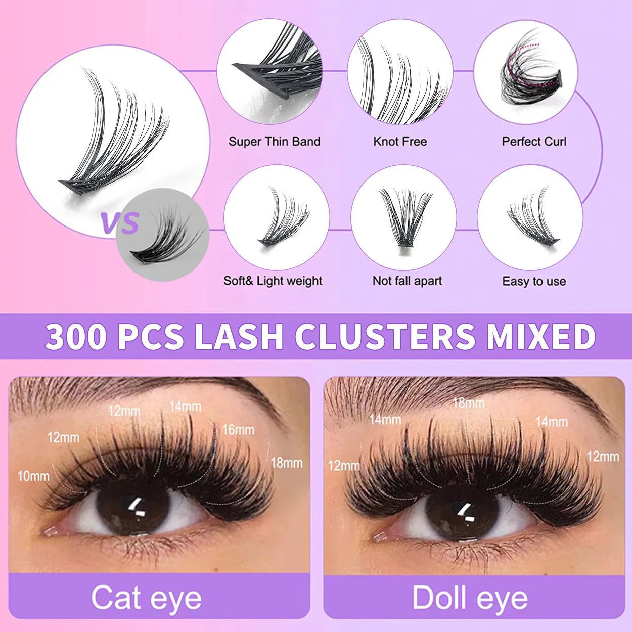 QIUNING Lashes Clusters Kit Cat Eye Lashes Individual Eyelashes with Lash Bond & Seal Full Set Lashes Extension Makeup Tools