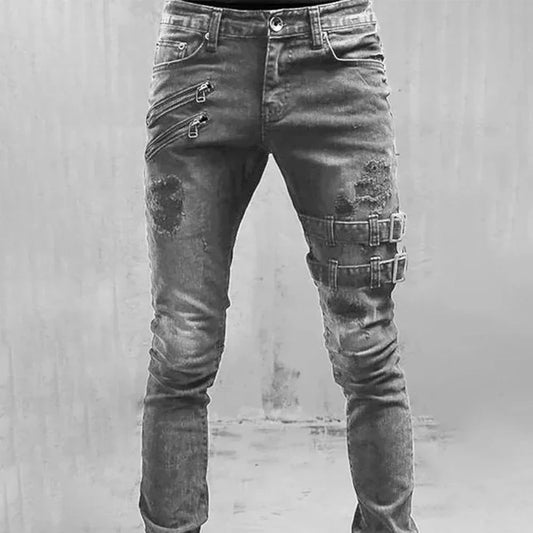 New Men Holes Distressed Jeans Pencil Pants Mid Waist Slim Fit Zippers Denim Ankle Length Trousers 2025 Casual Streetwear Denims