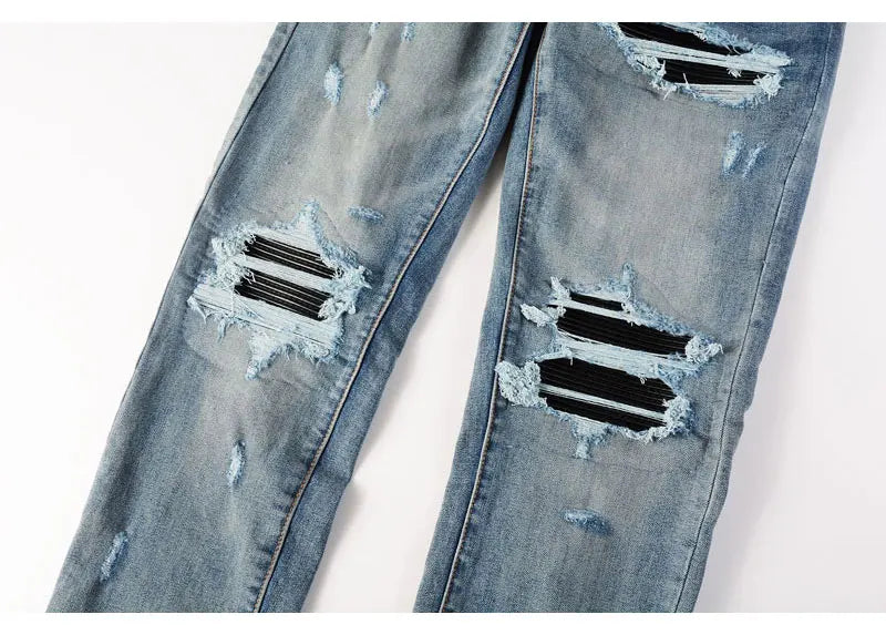 Street Fashion Men Jeans Retro Washed Blue Stretch Skinny Fit Ripped Jeans Men Patched Designer Hip Hop Brand Denim Pants Hombre