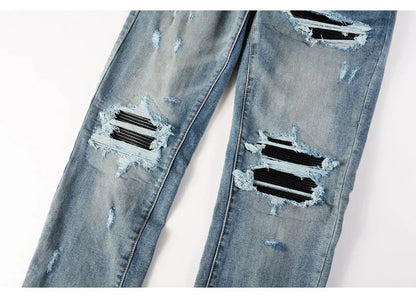 Street Fashion Men Jeans Retro Washed Blue Stretch Skinny Fit Ripped Jeans Men Patched Designer Hip Hop Brand Denim Pants Hombre