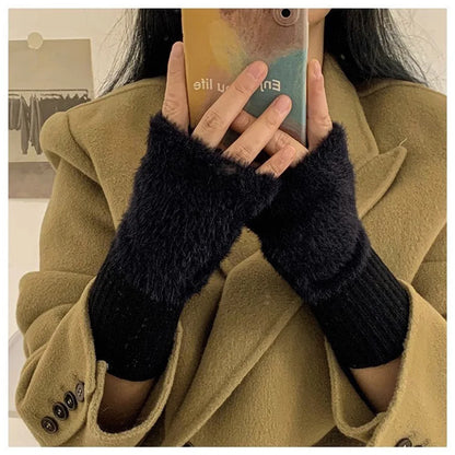 Autumn Winter Soft Mink Fleece Half Finger Gloves Women Plush Knitted Fingerless Gloves Wrist Mittens Driving Writting Gloves