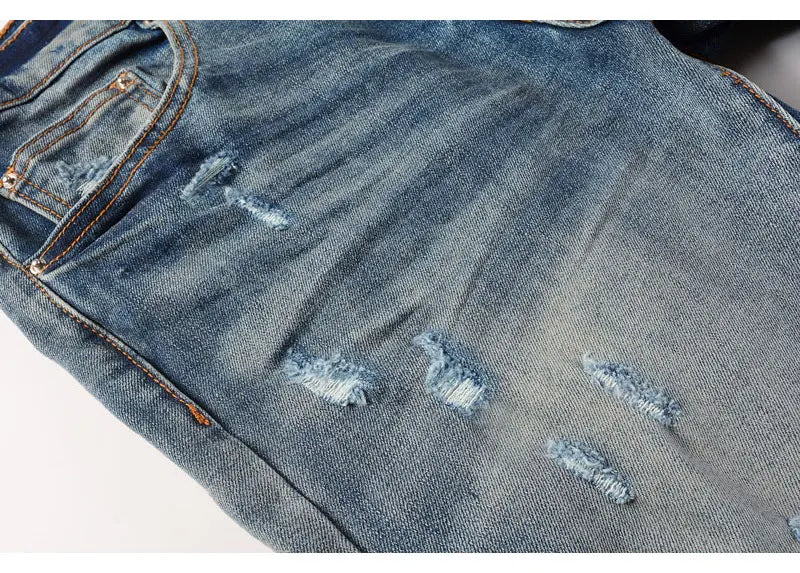 Street Fashion Men Jeans Retro Washed Blue Stretch Skinny Fit Ripped Jeans Men Patched Designer Hip Hop Brand Denim Pants Hombre