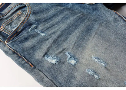 Street Fashion Men Jeans Retro Washed Blue Stretch Skinny Fit Ripped Jeans Men Patched Designer Hip Hop Brand Denim Pants Hombre