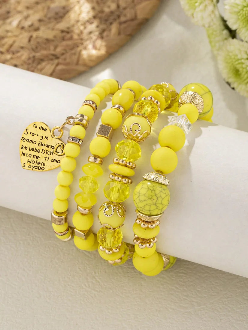 4Pcs Boho Crystal Beads Chain Bracelet Set For Women Vintage Heart Charm Elastic Bangle Female Fashion Party Jewelry