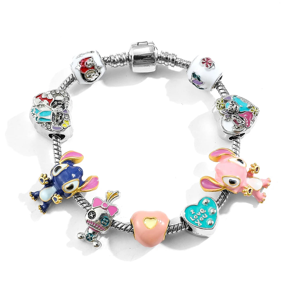 Disney Beaded Bracelet Lilo And Stitch Cartoon Cute Metal Charms Bangle DIY Beads Chain Jewelry Gifts Accessories For Women Kids