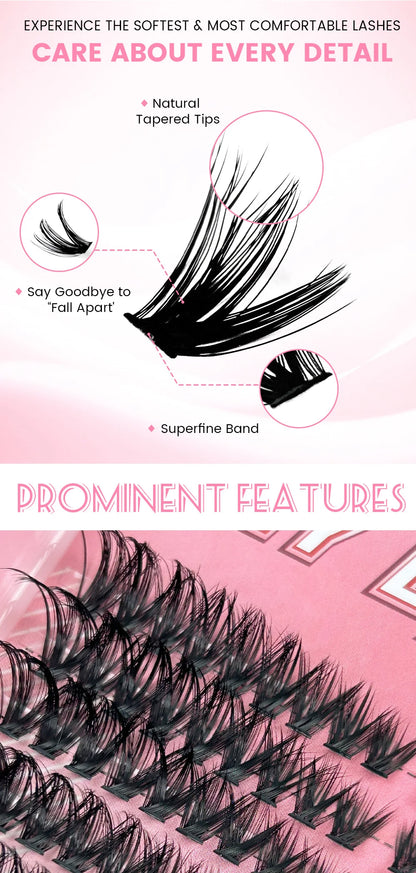 QIUNING Lashes Clusters Kit Cat Eye Lashes Individual Eyelashes with Lash Bond & Seal Full Set Lashes Extension Makeup Tools