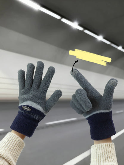Touchscreen Cotton Gloves for Men, Winter Warm Fleece-Lined Thick Knitted Gloves for Cycling, Unisex Cold-Proof Gloves