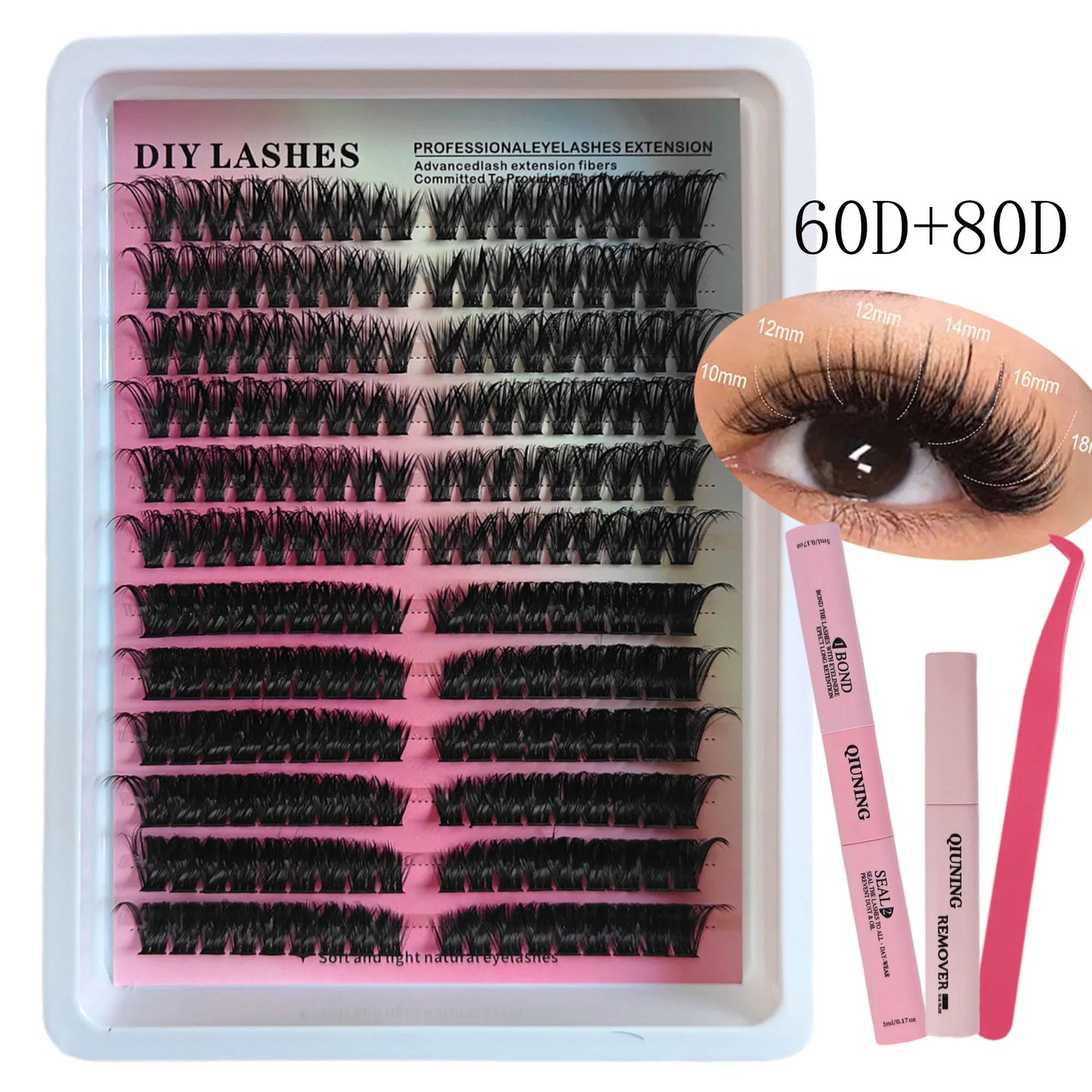 QIUNING Lashes Clusters Kit Cat Eye Lashes Individual Eyelashes with Lash Bond & Seal Full Set Lashes Extension Makeup Tools