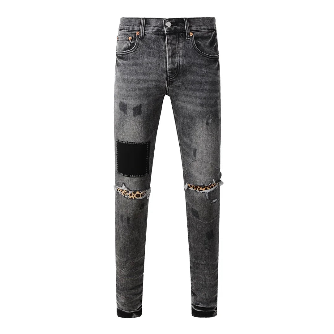 High Street New Trendy Men's Jeans Low Rise Stretch PantsSkinny Button Fly Ripped Retro Hold Trousers