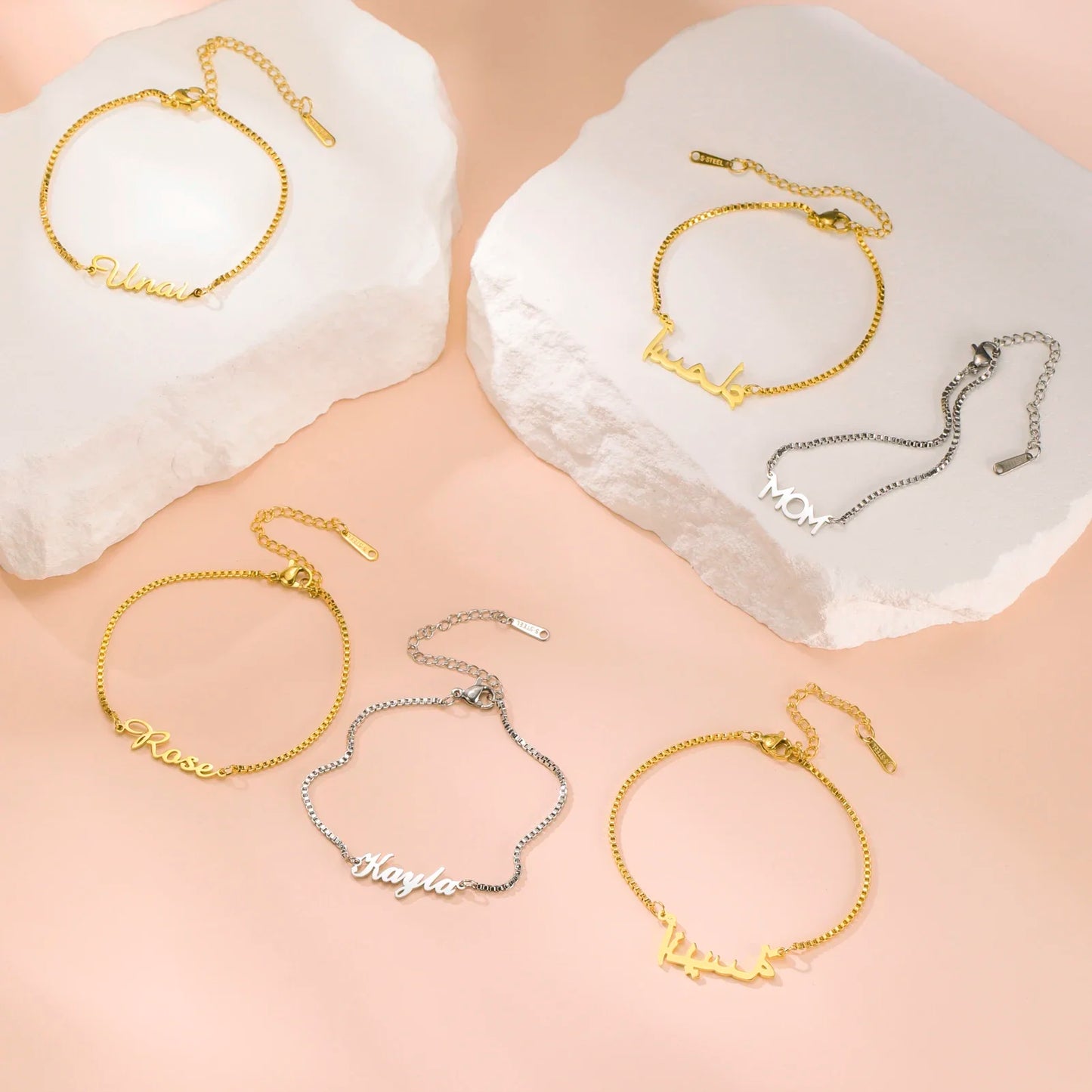 Women Girls Personalized Name Bracelet Stainless Steel Box Chain Letter Customized Charm Bracelets Unique Custom Jewelry Gift