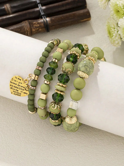 4Pcs Boho Crystal Beads Chain Bracelet Set For Women Vintage Heart Charm Elastic Bangle Female Fashion Party Jewelry