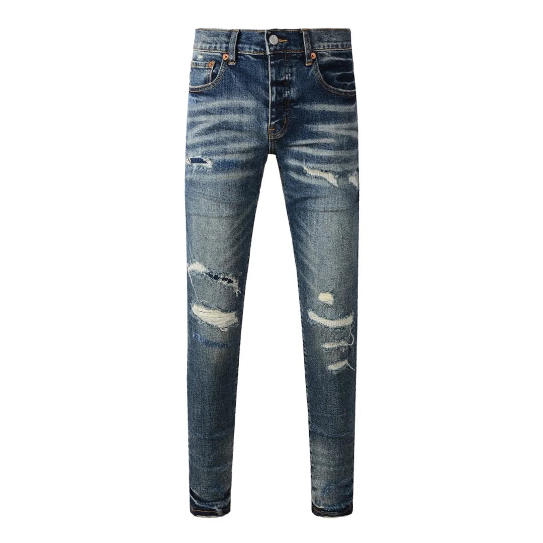 High Street New Trendy Men's Jeans Low Rise Stretch PantsSkinny Button Fly Ripped Retro Hold Trousers