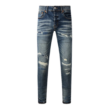 High Street New Trendy Men's Jeans Low Rise Stretch PantsSkinny Button Fly Ripped Retro Hold Trousers