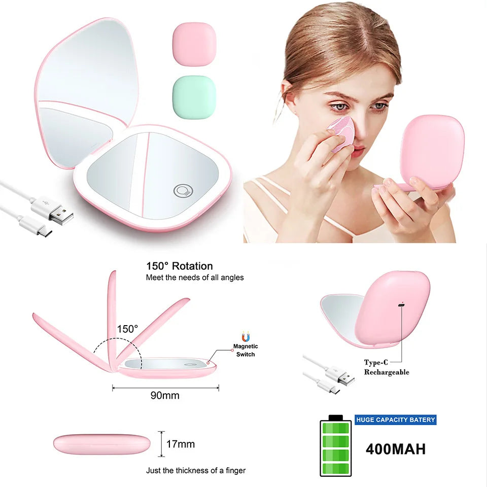 Mini Compact Foldable Pocket Hand Led Makeup Mirror With Led Light 5x/10x Magnification Rechargeable And Small