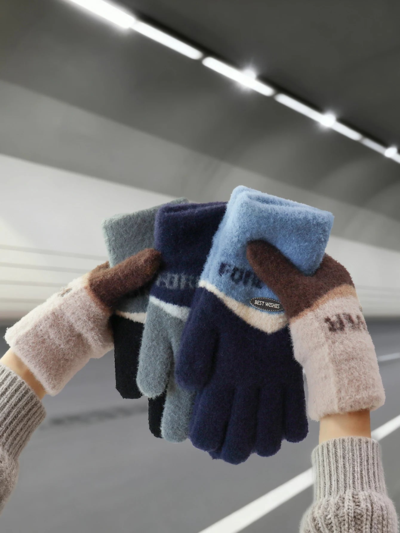 Touchscreen Cotton Gloves for Men, Winter Warm Fleece-Lined Thick Knitted Gloves for Cycling, Unisex Cold-Proof Gloves