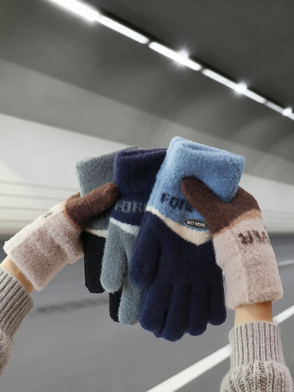 Touchscreen Cotton Gloves for Men, Winter Warm Fleece-Lined Thick Knitted Gloves for Cycling, Unisex Cold-Proof Gloves