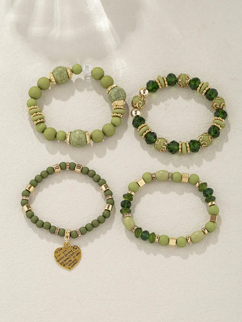 4Pcs Boho Crystal Beads Chain Bracelet Set For Women Vintage Heart Charm Elastic Bangle Female Fashion Party Jewelry