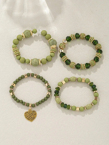 4Pcs Boho Crystal Beads Chain Bracelet Set For Women Vintage Heart Charm Elastic Bangle Female Fashion Party Jewelry