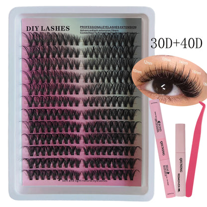 QIUNING Lashes Clusters Kit Cat Eye Lashes Individual Eyelashes with Lash Bond & Seal Full Set Lashes Extension Makeup Tools
