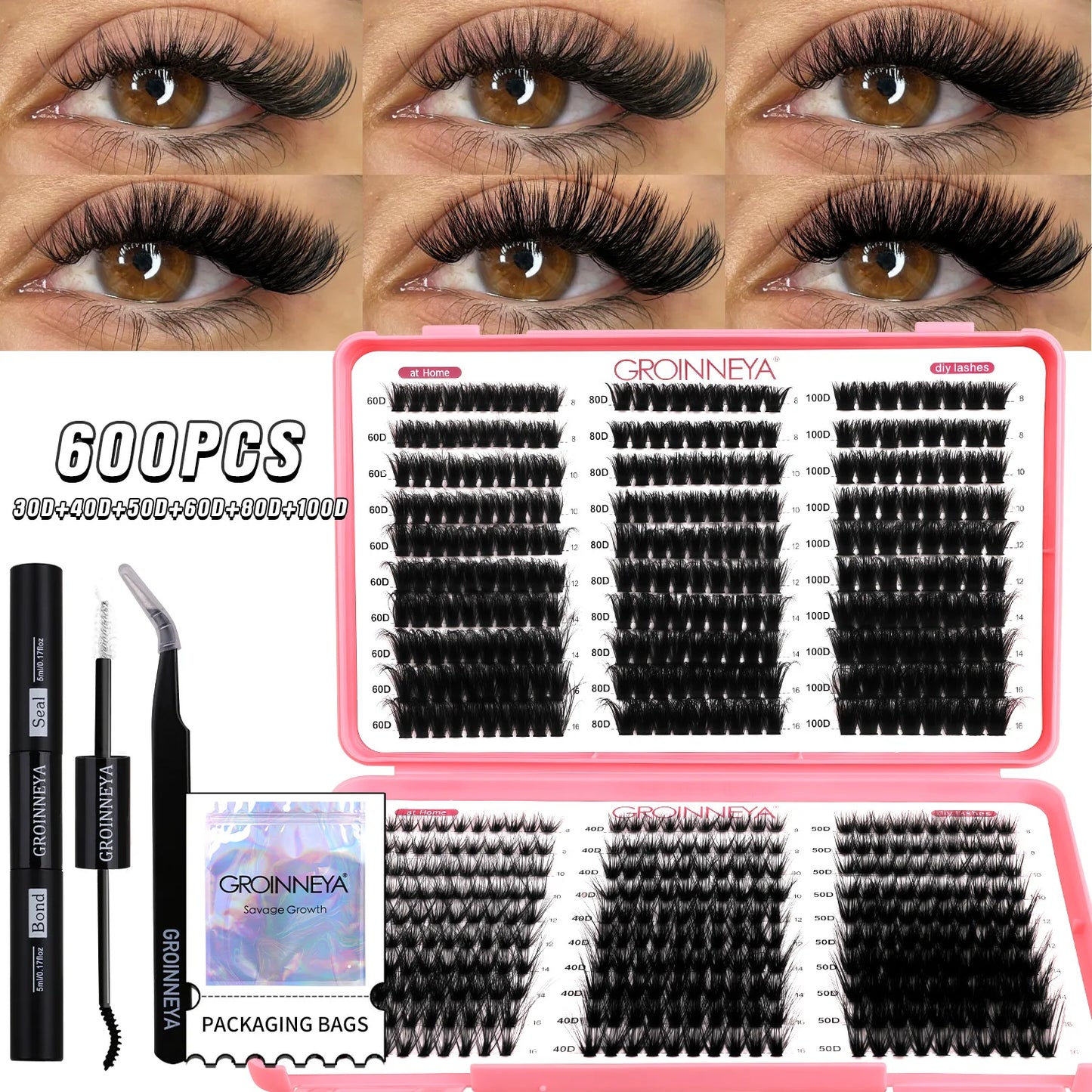 GROINNEYA DIY Lash Clusters Kit Mixed Tray Eyelash Extension Full Set Individual Lashes with Lash Bond&Seal and Tweezers Tool