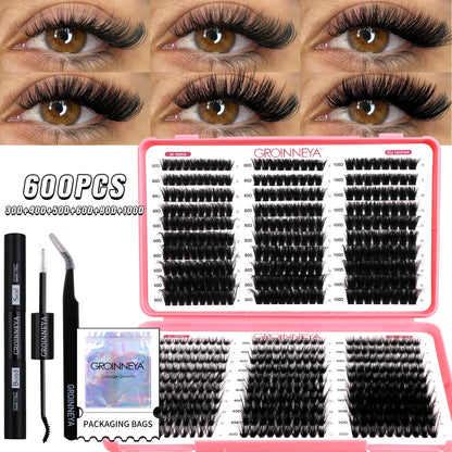 GROINNEYA DIY Lash Clusters Kit Mixed Tray Eyelash Extension Full Set Individual Lashes with Lash Bond&Seal and Tweezers Tool