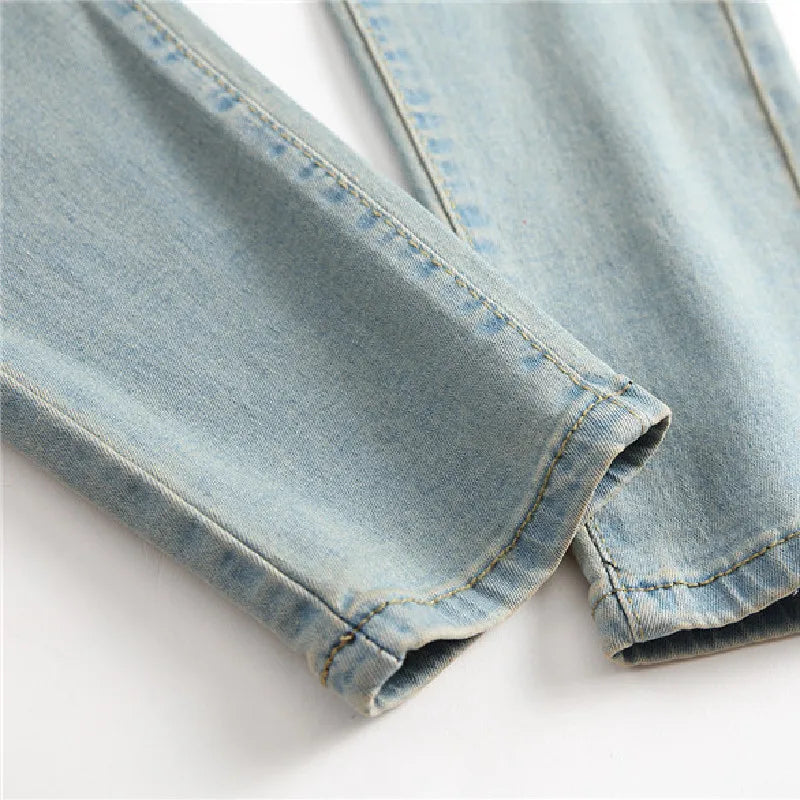 Simple Style Retro Solid Holes Skinny Men Jeans Trousers Stylish Male Ripped Stretch Jogging Casual Denim Pants