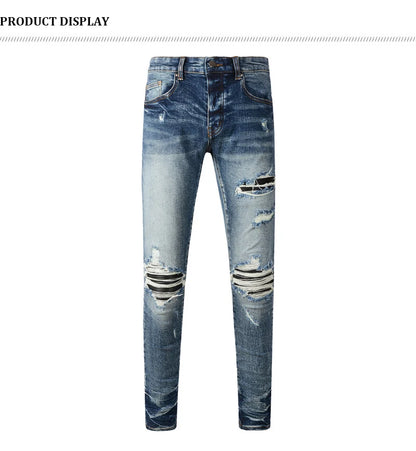 Street Fashion Men Jeans Retro Washed Blue Stretch Skinny Fit Ripped Jeans Men Patched Designer Hip Hop Brand Denim Pants Hombre