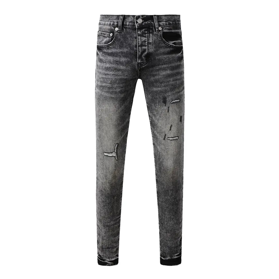 High Street New Trendy Men's Jeans Low Rise Stretch PantsSkinny Button Fly Ripped Retro Hold Trousers