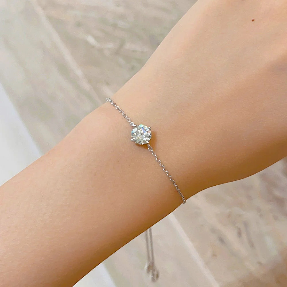 Certified 1CT Moissanite Bracelet for Women Real S925 Silver Classic Round Lab Diamond Charm Hand Chain Adjustable Jewelry Gifts