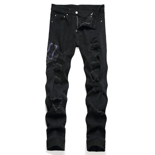 Men Snake Embroidery Jeans Streetwear Black Stretch Denim Pants Holes Ripped Distressed Slim Straight Trousers