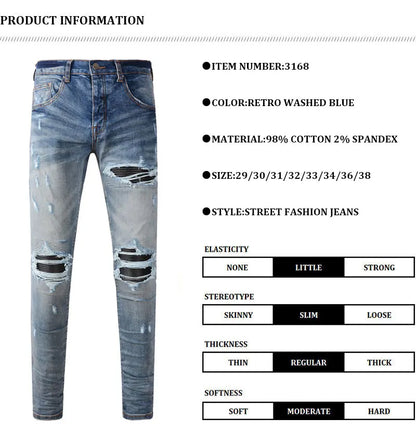 Street Fashion Men Jeans Retro Washed Blue Stretch Skinny Fit Ripped Jeans Men Patched Designer Hip Hop Brand Denim Pants Hombre