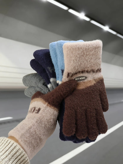 Touchscreen Cotton Gloves for Men, Winter Warm Fleece-Lined Thick Knitted Gloves for Cycling, Unisex Cold-Proof Gloves