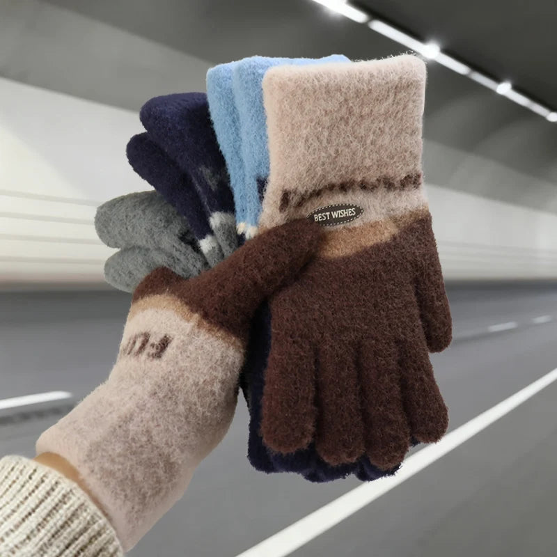 Touchscreen Cotton Gloves for Men, Winter Warm Fleece-Lined Thick Knitted Gloves for Cycling, Unisex Cold-Proof Gloves